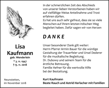 Traueranzeige von Lisa Kaufmann von Fränkische Nachrichten