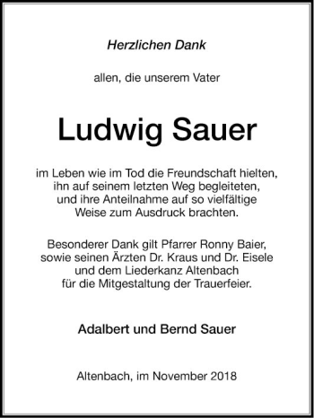 Traueranzeige von Ludwig Sauer von Mannheimer Morgen