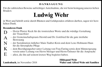 Traueranzeige von Ludwig Wehr von Fränkische Nachrichten