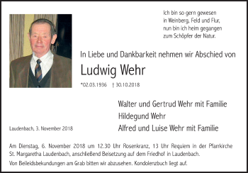 Traueranzeige von Ludwig Wehr von Fränkische Nachrichten