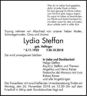 Traueranzeige von Lydia Steffan von Mannheimer Morgen