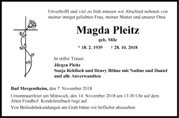 Traueranzeige von Magda Pleitz von Fränkische Nachrichten