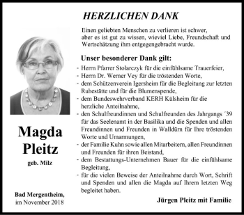 Traueranzeige von Magda Pleitz von Fränkische Nachrichten