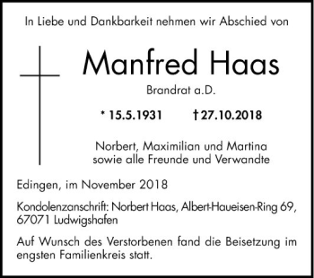 Traueranzeige von Manfred Haas von Mannheimer Morgen