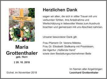 Traueranzeige von Maria Grottenthaler von Fränkische Nachrichten