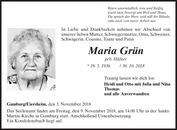 Traueranzeige von Maria Grün von Fränkische Nachrichten