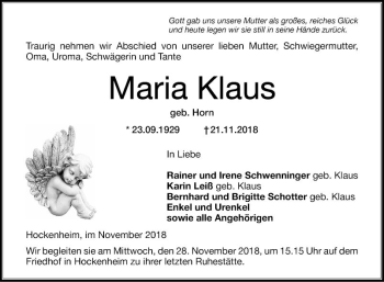 Traueranzeige von Maria Klaus von Schwetzinger Zeitung