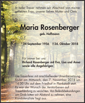 Traueranzeige von Maria Rosenberger von Schwetzinger Zeitung