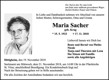 Traueranzeige von Maria Sacher von Fränkische Nachrichten