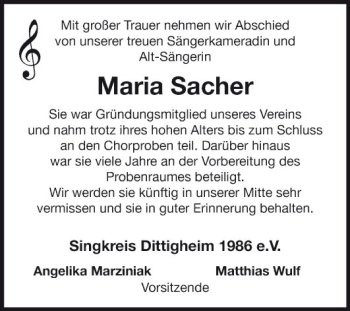 Traueranzeige von Maria Sacher von Fränkische Nachrichten