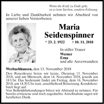 Traueranzeige von Maria Seidenspinner von Fränkische Nachrichten