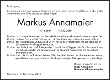 Traueranzeige von Markus Annamaier von Mannheimer Morgen