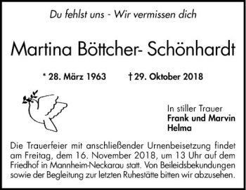 Traueranzeige von Martina Böttcher-Schönhardt von Mannheimer Morgen