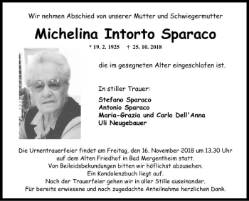 Traueranzeige von Michelina Intorto Sparaco von Fränkische Nachrichten