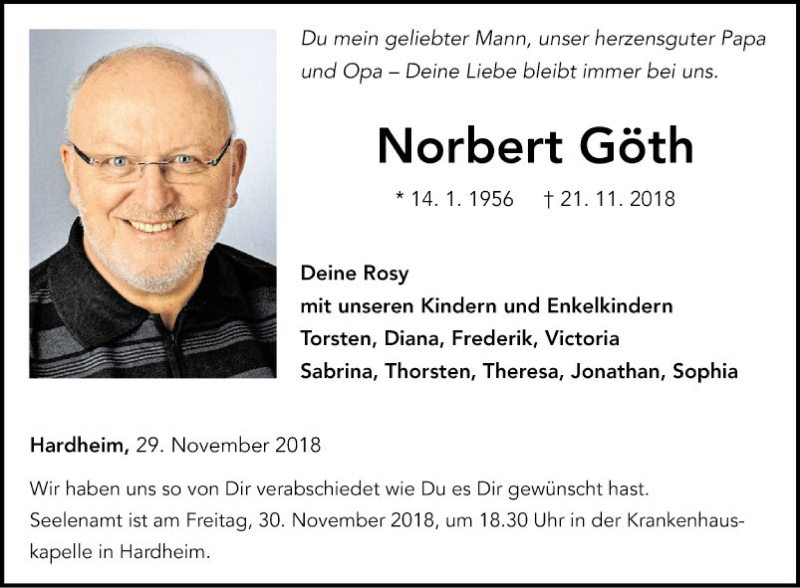  Traueranzeige für Norbert Göth vom 29.11.2018 aus Fränkische Nachrichten
