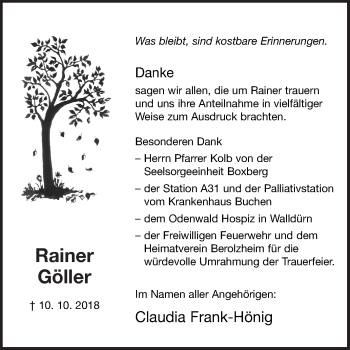 Traueranzeige von Rainer Göller von Fränkische Nachrichten