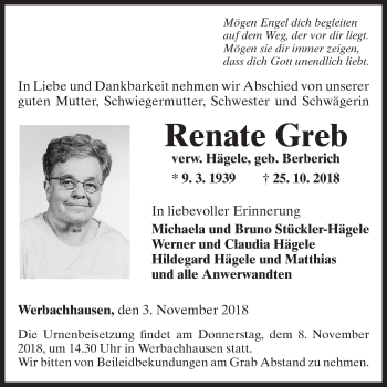 Traueranzeige von Renate Grell von Fränkische Nachrichten