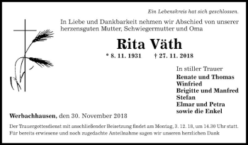 Traueranzeige von Rita Väth von Fränkische Nachrichten