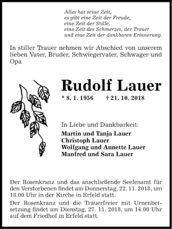 Traueranzeige von Rudolf Lauer von Fränkische Nachrichten