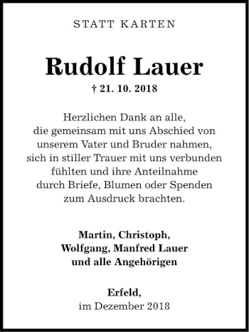 Traueranzeige von Rudolf Lauer von Fränkische Nachrichten