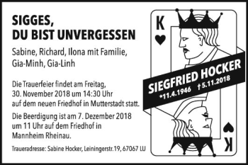 Traueranzeige von Siegfried Hocker von Mannheimer Morgen