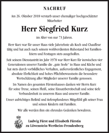 Traueranzeige von Siegfried Kurz von Fränkische Nachrichten