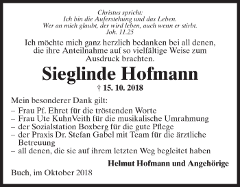 Traueranzeige von Sieglinde Hofmann von Fränkische Nachrichten