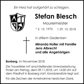 Traueranzeige von Stefan Blesch von Fränkische Nachrichten