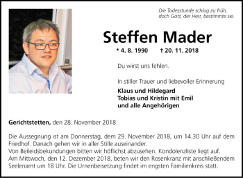 Traueranzeige von Steffen Mader von Fränkische Nachrichten