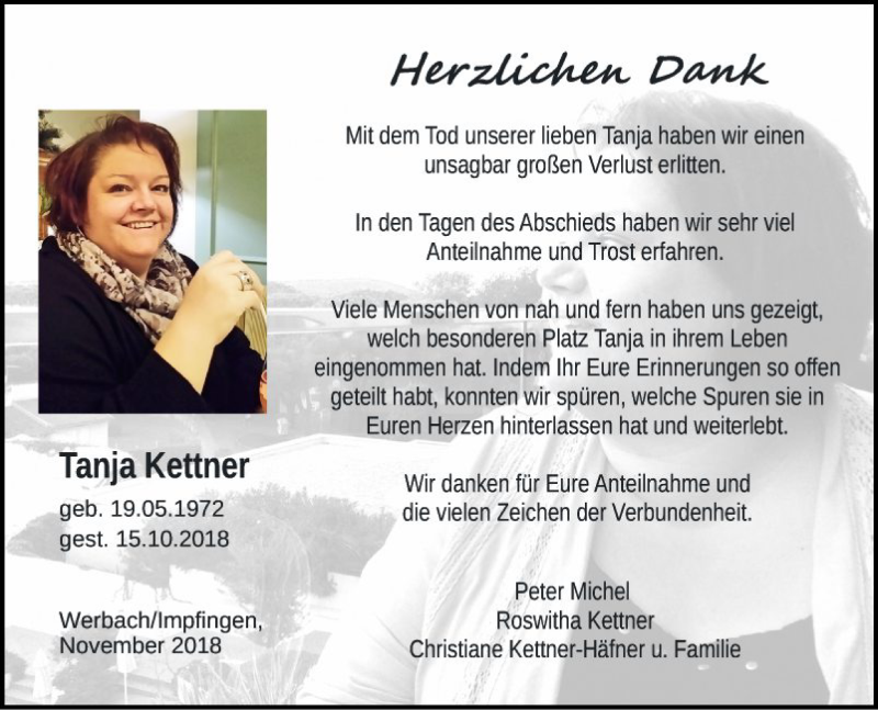  Traueranzeige für Tanja Kettner vom 17.11.2018 aus Fränkische Nachrichten