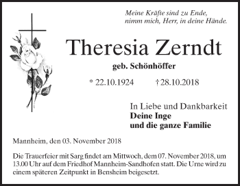 Traueranzeige von Theresia Zerndt von Mannheimer Morgen