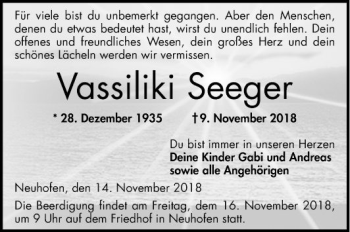 Traueranzeige von Vassiliki Seeger von Mannheimer Morgen