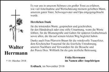 Traueranzeige von Walter Herrmann von Fränkische Nachrichten