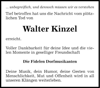 Traueranzeige von Walter Kinzel von Fränkische Nachrichten