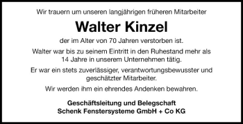 Traueranzeige von Walter Kinzel von Fränkische Nachrichten