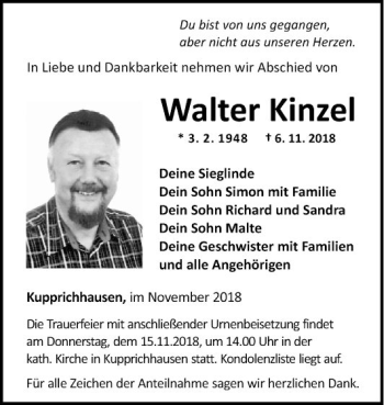 Traueranzeige von Walter Kinzel von Fränkische Nachrichten