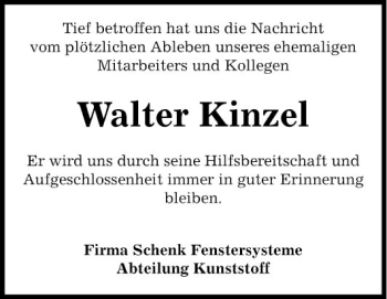 Traueranzeige von Walter Kinzel von Fränkische Nachrichten