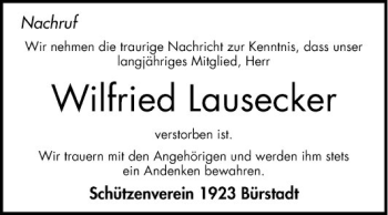 Traueranzeige von Wilfried Lausecker von Südhessen Morgen