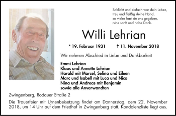 Traueranzeige von Willi Lehrian von Bergsträßer Anzeiger