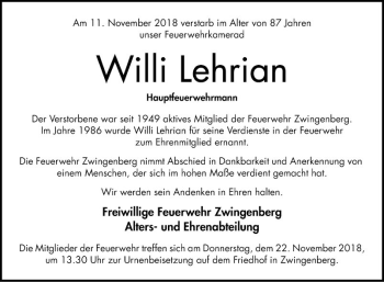 Traueranzeige von Willi Lehrion von Bergsträßer Anzeiger