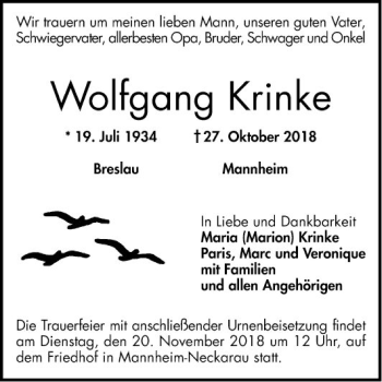 Traueranzeige von Wolfgang Krinke von Mannheimer Morgen