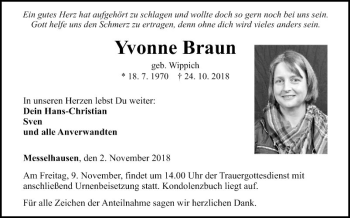 Traueranzeige von Yvonne Braun von Fränkische Nachrichten