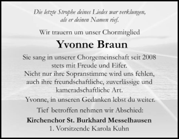 Traueranzeige von Yvonne Braun von Fränkische Nachrichten