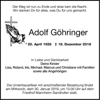 Traueranzeige von Adolf Göhringer von Mannheimer Morgen