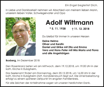 Traueranzeige von Adolf Wittmann von Fränkische Nachrichten