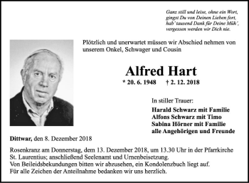 Traueranzeige von Alfred Hart von Fränkische Nachrichten