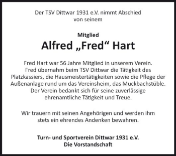 Traueranzeige von Alfred Hart von Fränkische Nachrichten