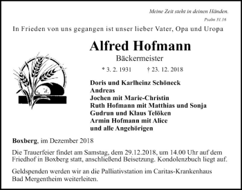 Traueranzeige von Alfred Hofmann von Fränkische Nachrichten