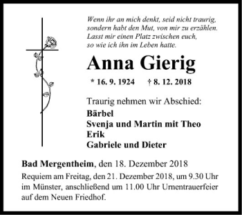 Traueranzeige von Anna Gierig von Fränkische Nachrichten