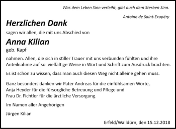 Traueranzeige von Anna Kilian von Fränkische Nachrichten